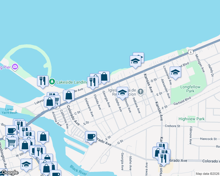 map of restaurants, bars, coffee shops, grocery stores, and more near 1012 East Erie Avenue in Lorain