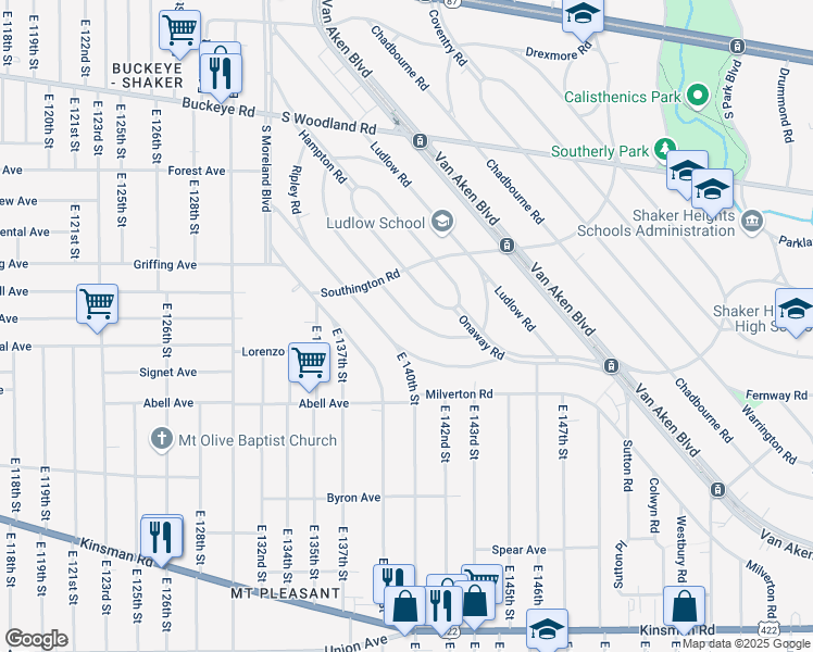 map of restaurants, bars, coffee shops, grocery stores, and more near 3162 Becket Road in Cleveland