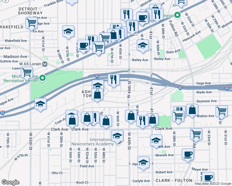map of restaurants, bars, coffee shops, grocery stores, and more near 4601 Fenwick Avenue in Cleveland