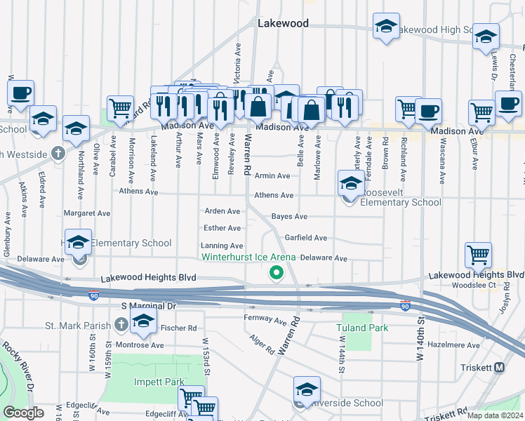 map of restaurants, bars, coffee shops, grocery stores, and more near 14728 Bayes Avenue in Lakewood