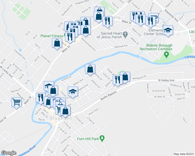 map of restaurants, bars, coffee shops, grocery stores, and more near 617 Susquehanna Avenue in Olyphant