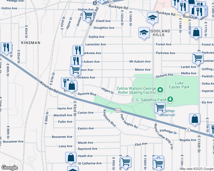 map of restaurants, bars, coffee shops, grocery stores, and more near 3134 East 98th Street in Cleveland