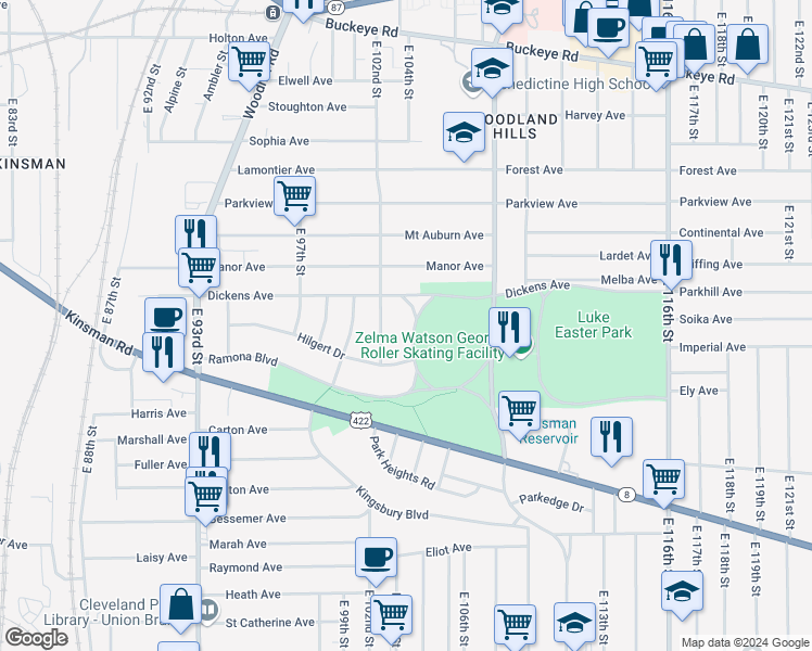 map of restaurants, bars, coffee shops, grocery stores, and more near 3130 Audubon Boulevard in Cleveland