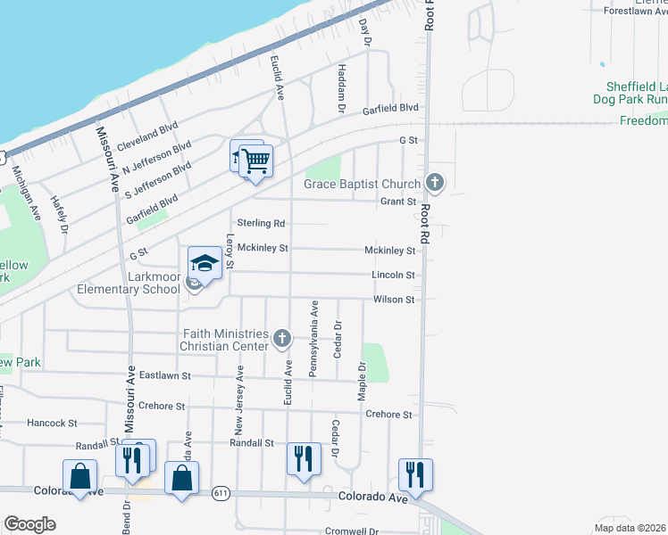 map of restaurants, bars, coffee shops, grocery stores, and more near 3107 Lincoln Street in Lorain