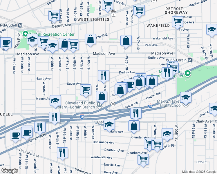 map of restaurants, bars, coffee shops, grocery stores, and more near 2134 West 80th Street in Cleveland