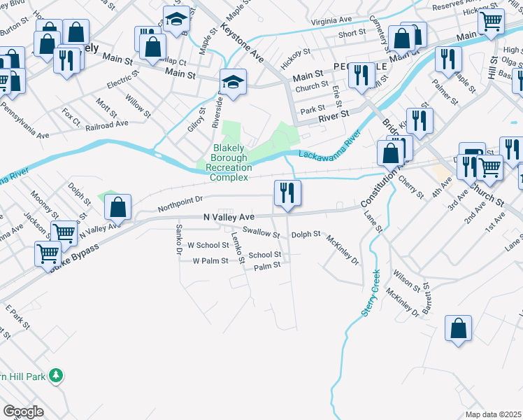 map of restaurants, bars, coffee shops, grocery stores, and more near 832 N Valley Ave in Olyphant