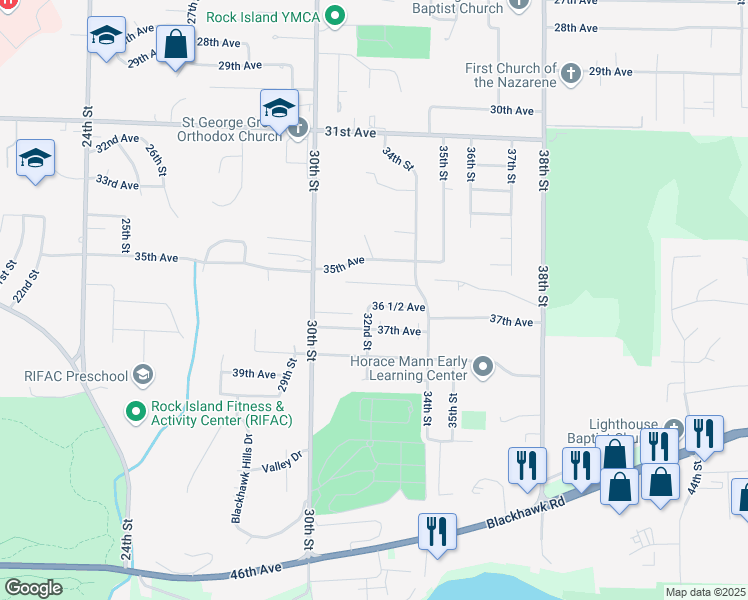 map of restaurants, bars, coffee shops, grocery stores, and more near 3201 36 1/2 Avenue in Rock Island
