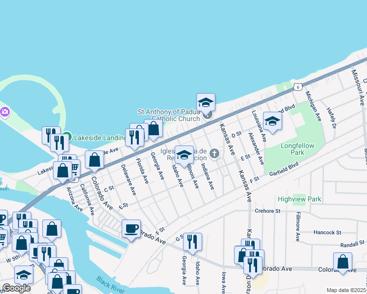 map of restaurants, bars, coffee shops, grocery stores, and more near 221 Illinois Avenue in Lorain