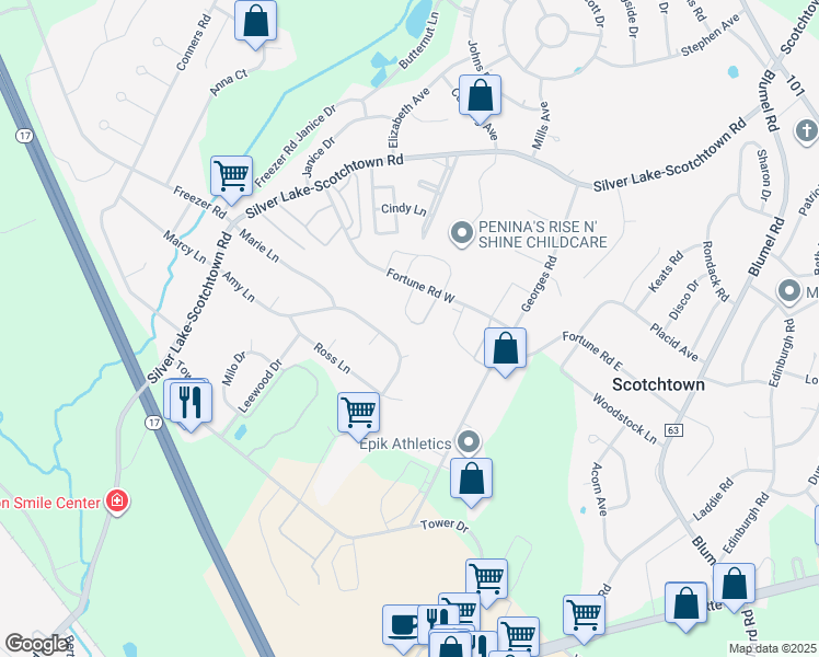 map of restaurants, bars, coffee shops, grocery stores, and more near 54 Rockwood Circle in Scotchtown