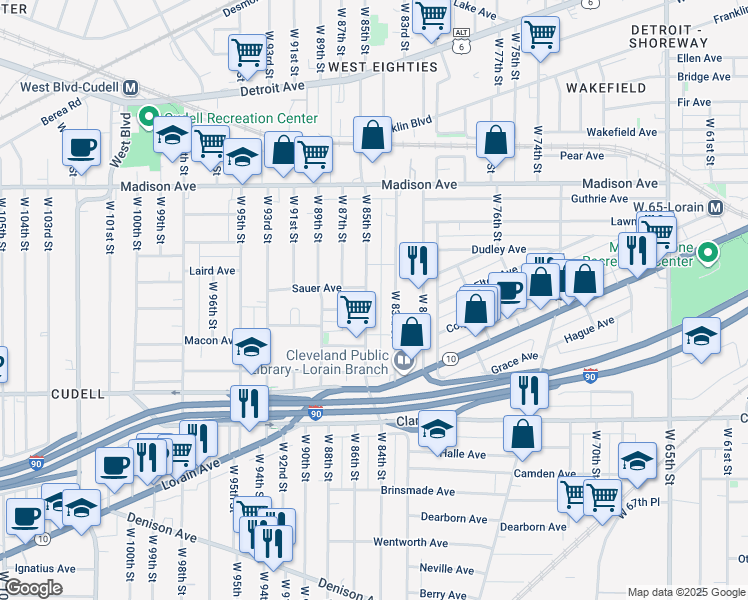 map of restaurants, bars, coffee shops, grocery stores, and more near 2133 West 84th Place in Cleveland