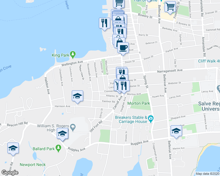 map of restaurants, bars, coffee shops, grocery stores, and more near 65 Marchant Street in Newport