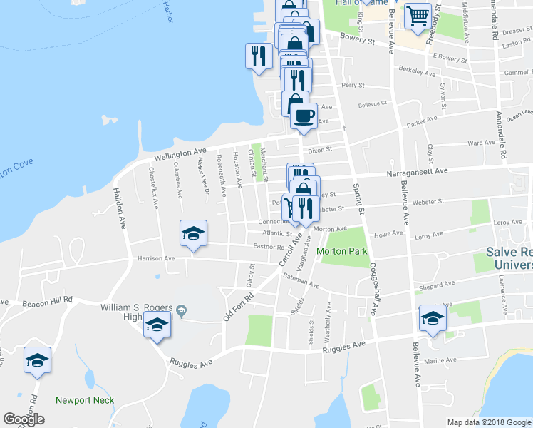 map of restaurants, bars, coffee shops, grocery stores, and more near 63 Marchant Street in Newport