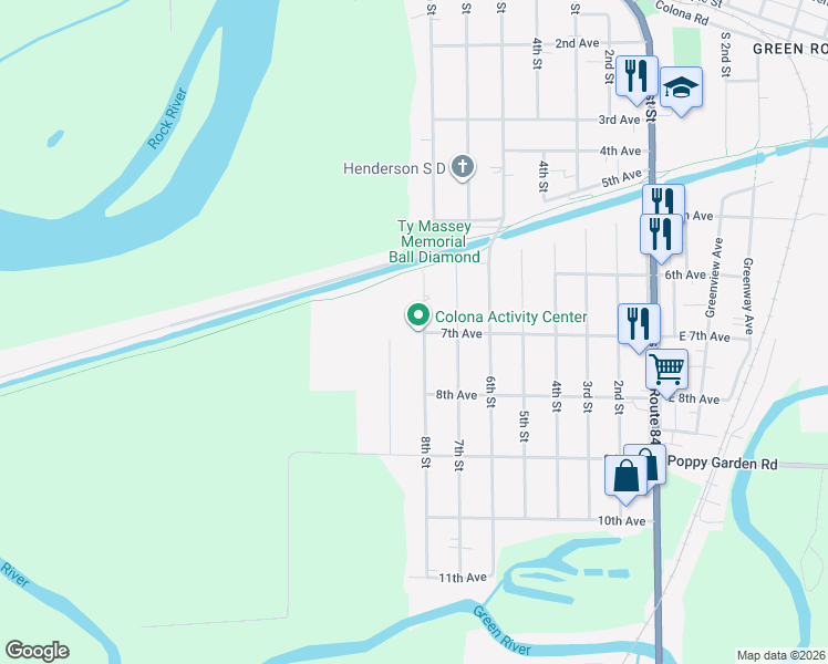 map of restaurants, bars, coffee shops, grocery stores, and more near 617 8th Street in Colona