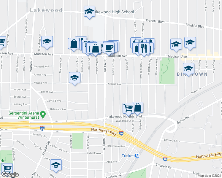 map of restaurants, bars, coffee shops, grocery stores, and more near 2128 Wascana Avenue in Lakewood