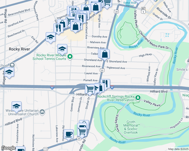 map of restaurants, bars, coffee shops, grocery stores, and more near 19351 Laurel Ave in Rocky River