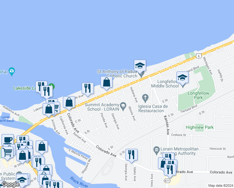 map of restaurants, bars, coffee shops, grocery stores, and more near 1012 East Erie Avenue in Lorain