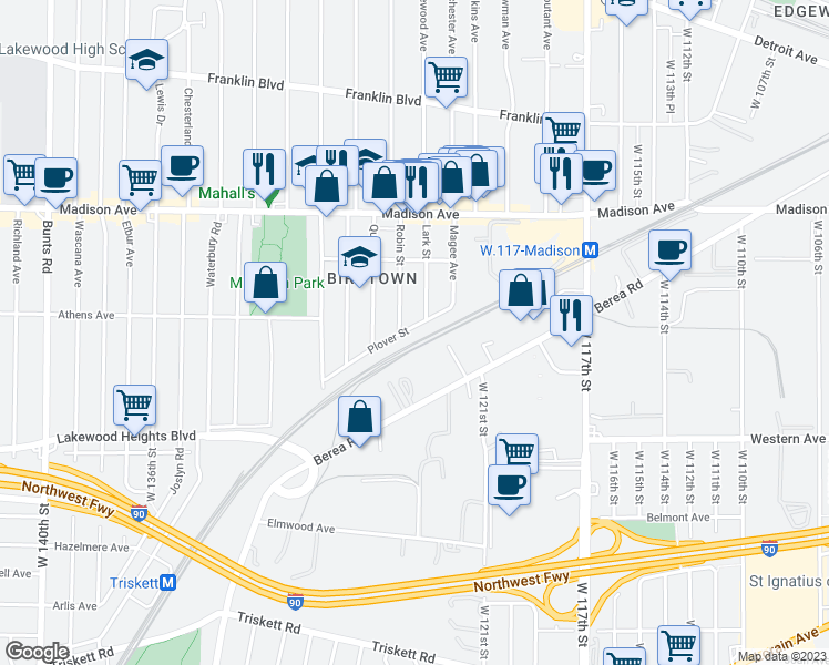 map of restaurants, bars, coffee shops, grocery stores, and more near 12315 Plover Street in Lakewood
