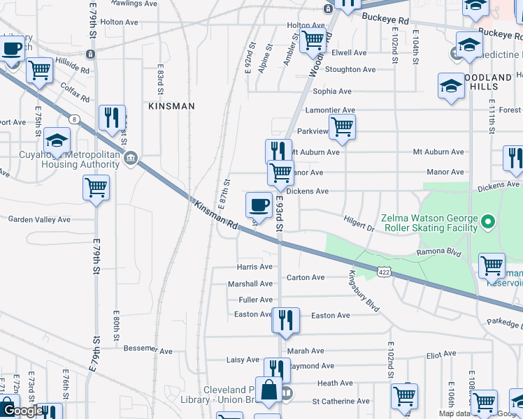 map of restaurants, bars, coffee shops, grocery stores, and more near 3145 East 91st Street in Cleveland