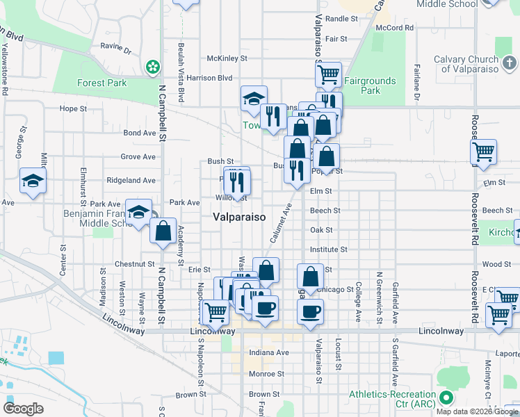 map of restaurants, bars, coffee shops, grocery stores, and more near 603 Franklin Street in Valparaiso