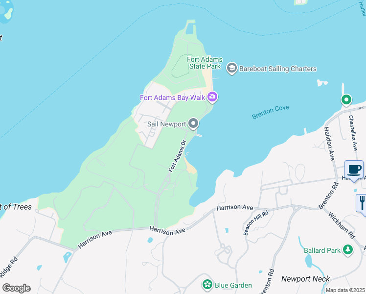 map of restaurants, bars, coffee shops, grocery stores, and more near 4 Fort Adams Drive in Newport