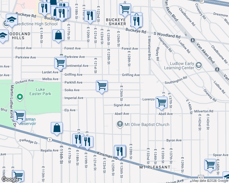 map of restaurants, bars, coffee shops, grocery stores, and more near 12420 Soika Avenue in Cleveland
