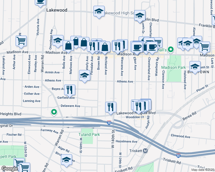 map of restaurants, bars, coffee shops, grocery stores, and more near 2129 Richland Avenue in Lakewood