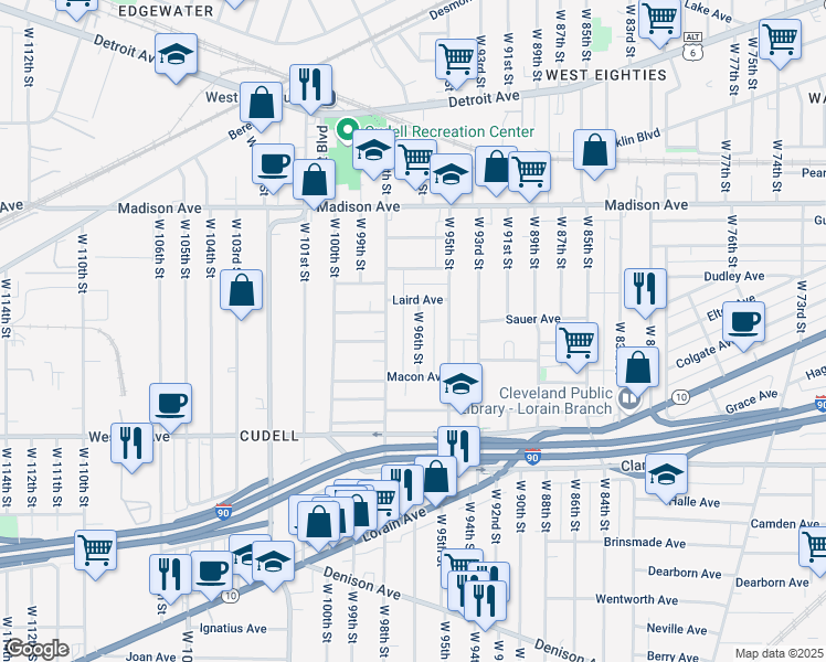 map of restaurants, bars, coffee shops, grocery stores, and more near 2130 West 96th Street in Cleveland