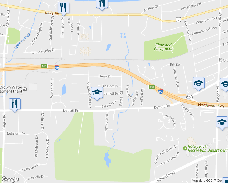 map of restaurants, bars, coffee shops, grocery stores, and more near 22270 Bartlett Drive in Rocky River
