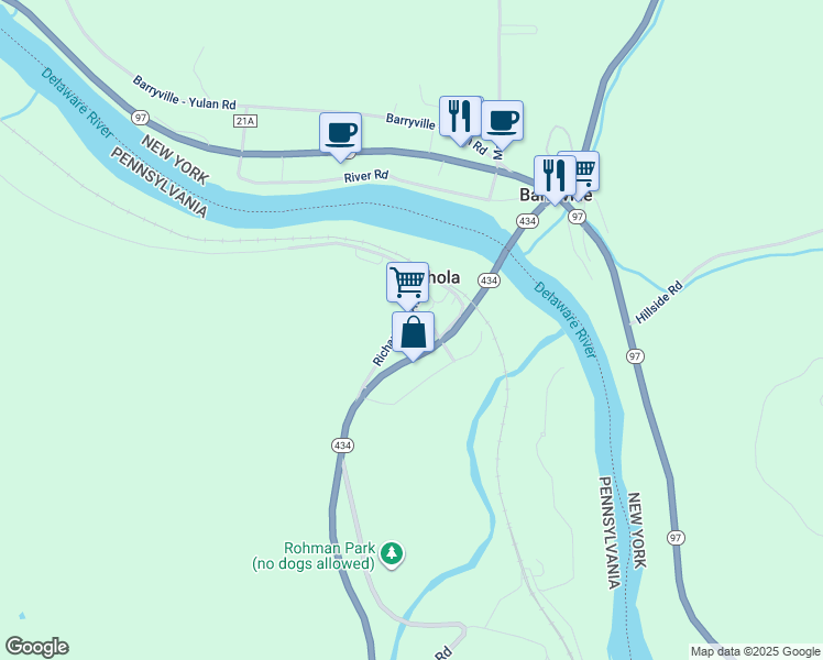 map of restaurants, bars, coffee shops, grocery stores, and more near 116 Richardson Avenue in Shohola