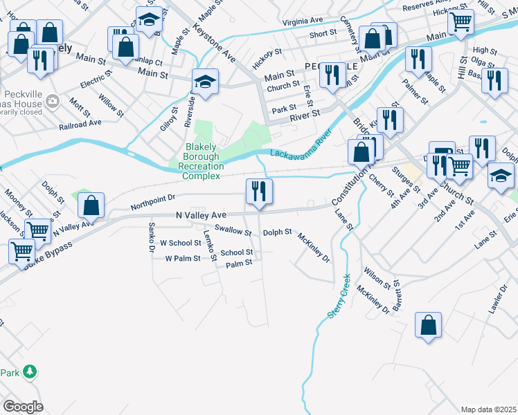 map of restaurants, bars, coffee shops, grocery stores, and more near 902 N Valley Ave in Olyphant