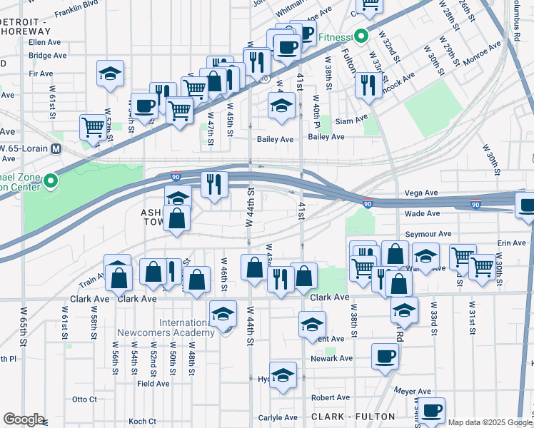 map of restaurants, bars, coffee shops, grocery stores, and more near 4211 Fenwick Avenue in Cleveland