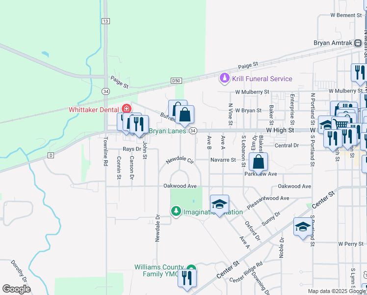 map of restaurants, bars, coffee shops, grocery stores, and more near 109 South Elbar Drive in Bryan
