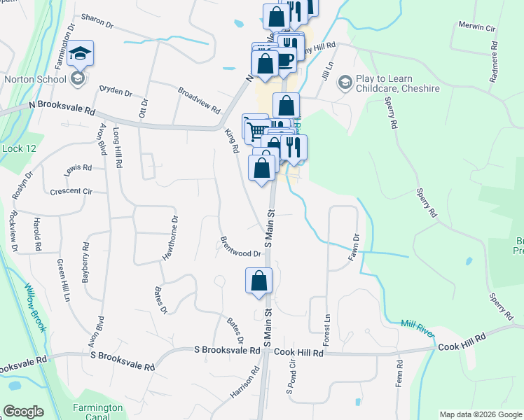 map of restaurants, bars, coffee shops, grocery stores, and more near 1151 South Main Street in Cheshire