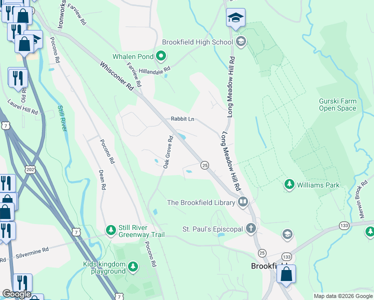 map of restaurants, bars, coffee shops, grocery stores, and more near 208 Whisconier Road in Brookfield