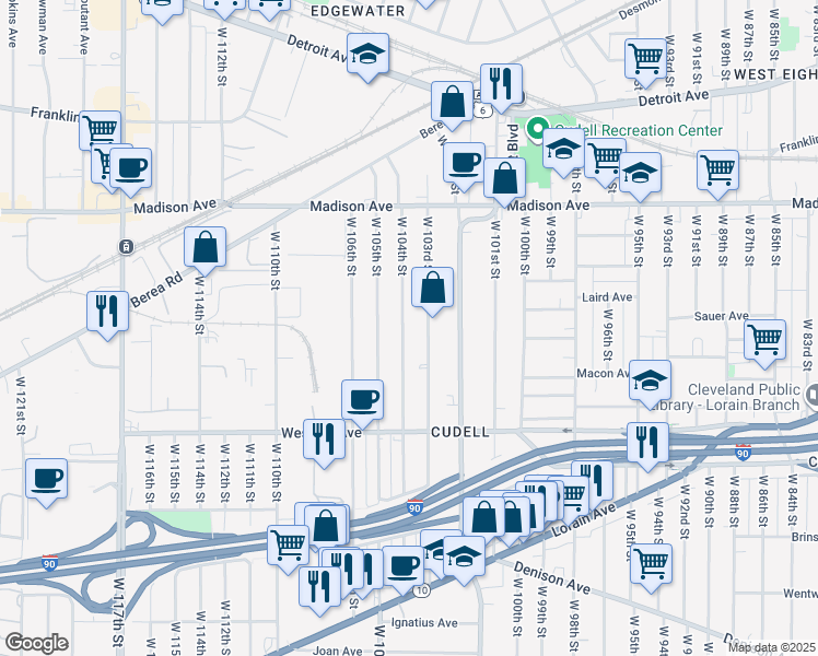 map of restaurants, bars, coffee shops, grocery stores, and more near 2127 West 104th Street in Cleveland