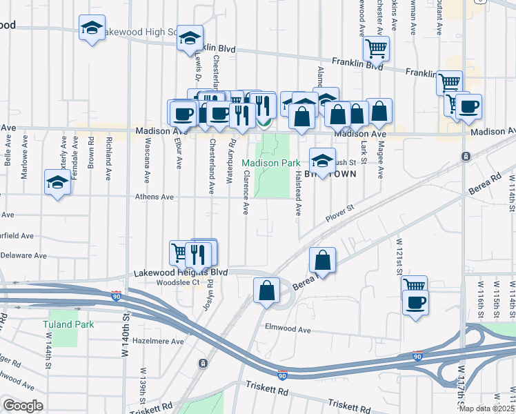 map of restaurants, bars, coffee shops, grocery stores, and more near 13331 Athens Avenue in Lakewood