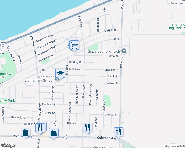 map of restaurants, bars, coffee shops, grocery stores, and more near 3107 Lincoln Street in Lorain
