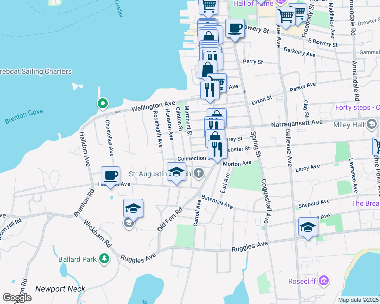 map of restaurants, bars, coffee shops, grocery stores, and more near 61 Marchant St in Newport