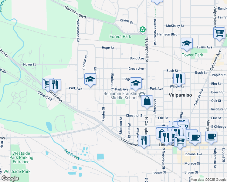 map of restaurants, bars, coffee shops, grocery stores, and more near 426 Elmhurst Street in Valparaiso