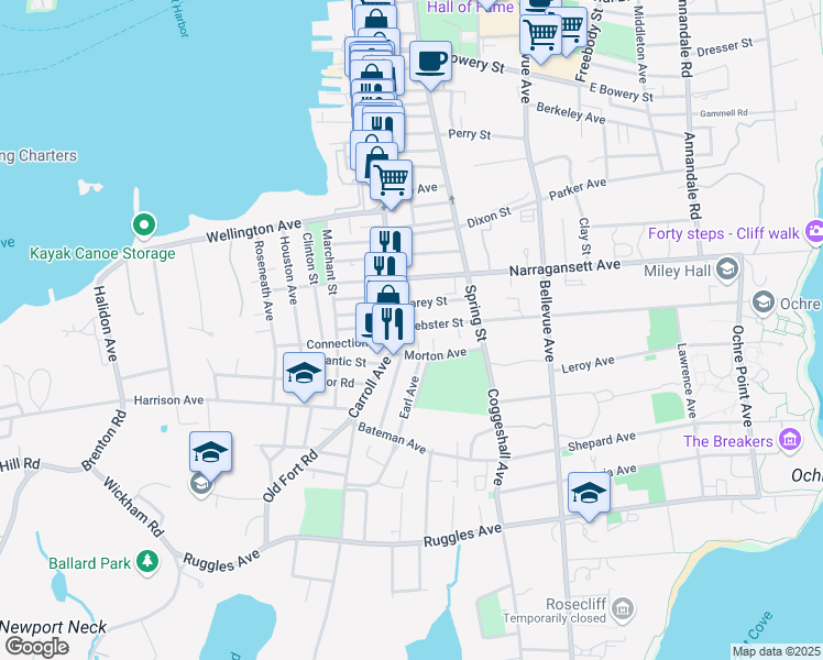 map of restaurants, bars, coffee shops, grocery stores, and more near 9 Webster St in Newport
