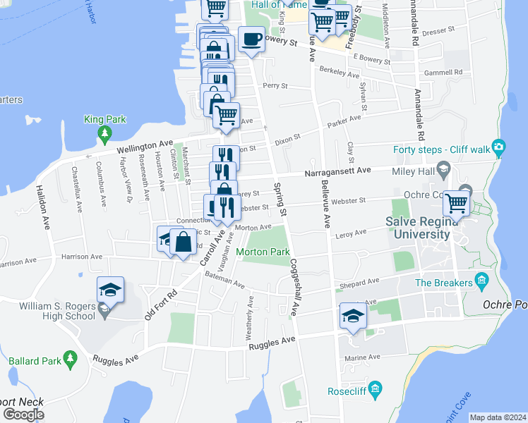 map of restaurants, bars, coffee shops, grocery stores, and more near 43 Webster Street in Newport