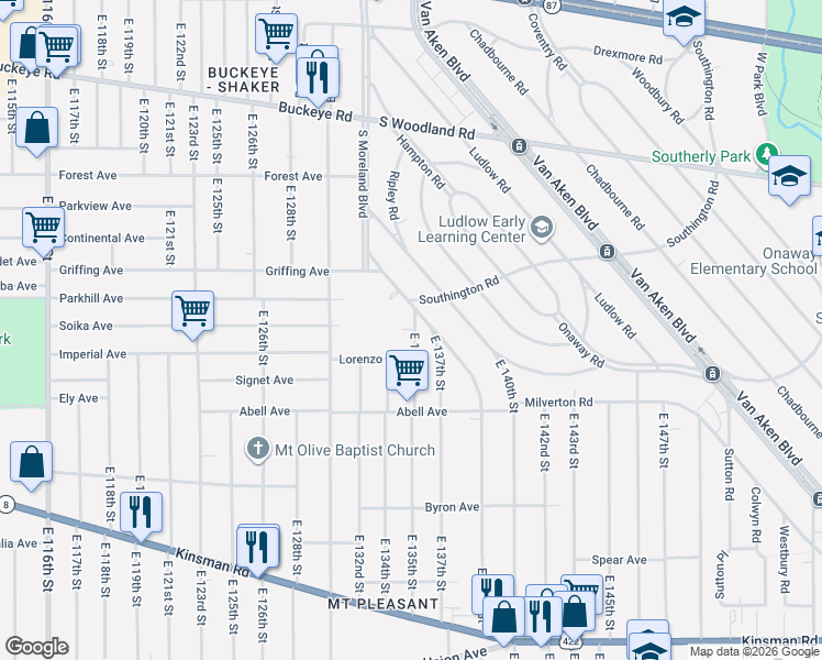 map of restaurants, bars, coffee shops, grocery stores, and more near 3152 East 137th Street in Cleveland