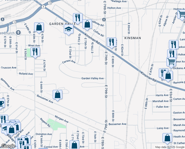 map of restaurants, bars, coffee shops, grocery stores, and more near 7871 Garden Valley Avenue in Cleveland