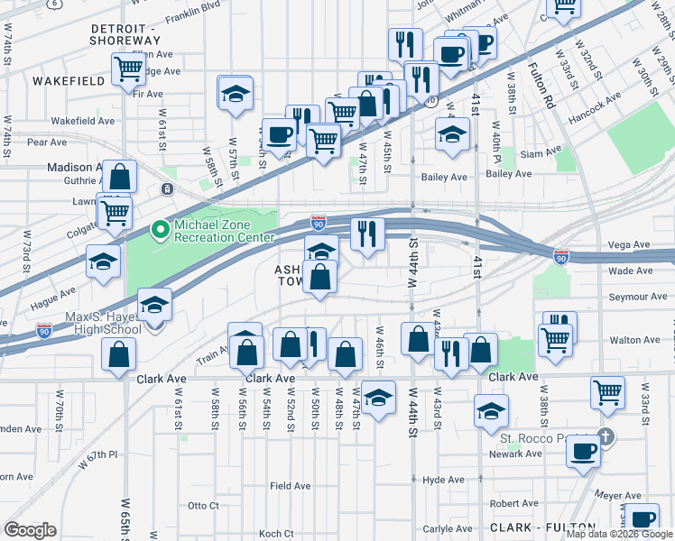 map of restaurants, bars, coffee shops, grocery stores, and more near 2194 Junction Road in Cleveland