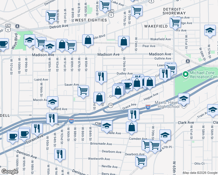 map of restaurants, bars, coffee shops, grocery stores, and more near in Cleveland