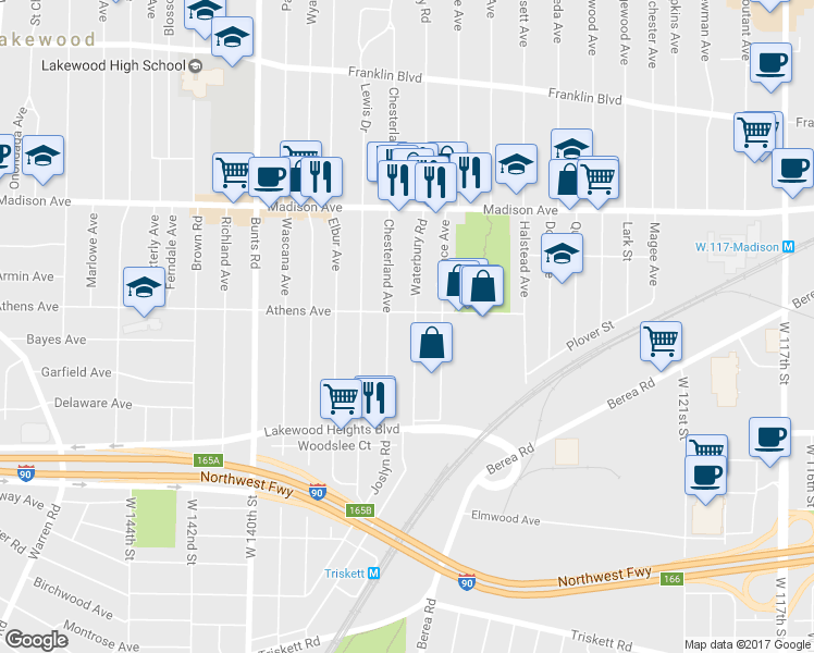 map of restaurants, bars, coffee shops, grocery stores, and more near 2125 Waterbury Road in Lakewood