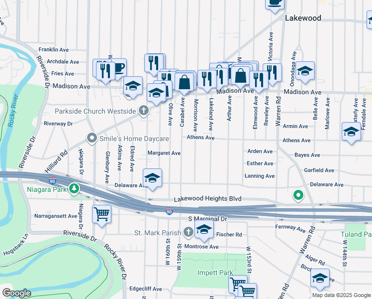 map of restaurants, bars, coffee shops, grocery stores, and more near 2129 Carabel Avenue in Lakewood