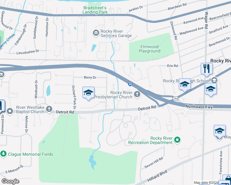 map of restaurants, bars, coffee shops, grocery stores, and more near 1098 Chatham Place in Rocky River