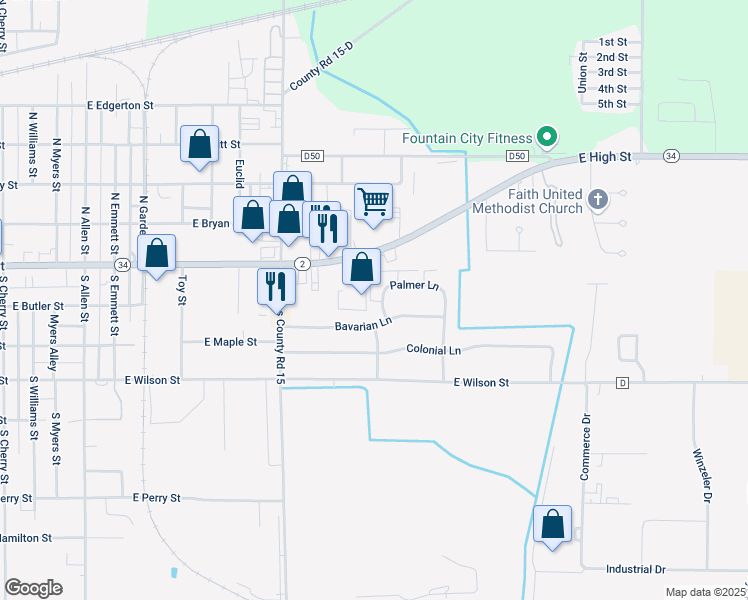 map of restaurants, bars, coffee shops, grocery stores, and more near 105 Palmer Lane in Bryan