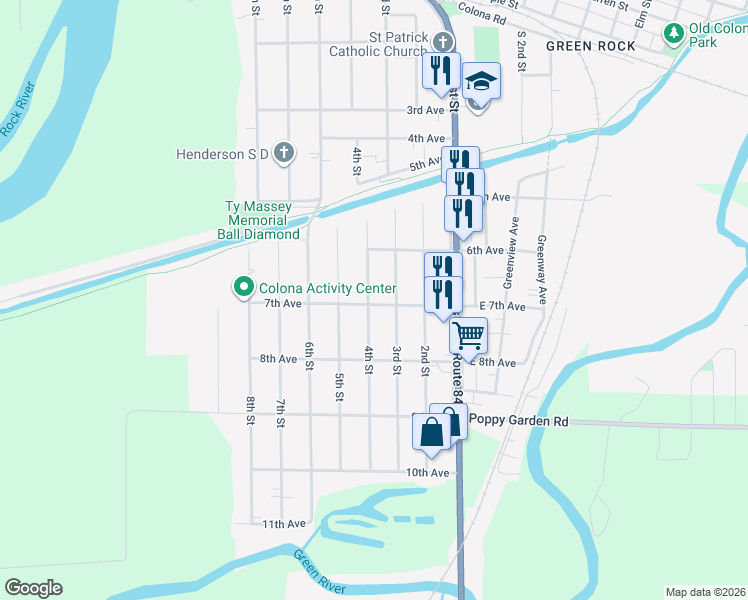 map of restaurants, bars, coffee shops, grocery stores, and more near 620 4th Street in Colona